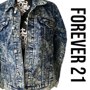 Forever 21 Mens‎ Acid Wash Denim Jacket Blue Patches Streetwear Small BB009